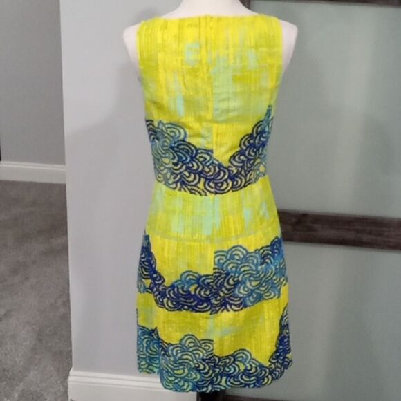 Tabitha Anthropologie neon azure scroll green & blue sleeveless sheath size 4 - Picture 3 of 3